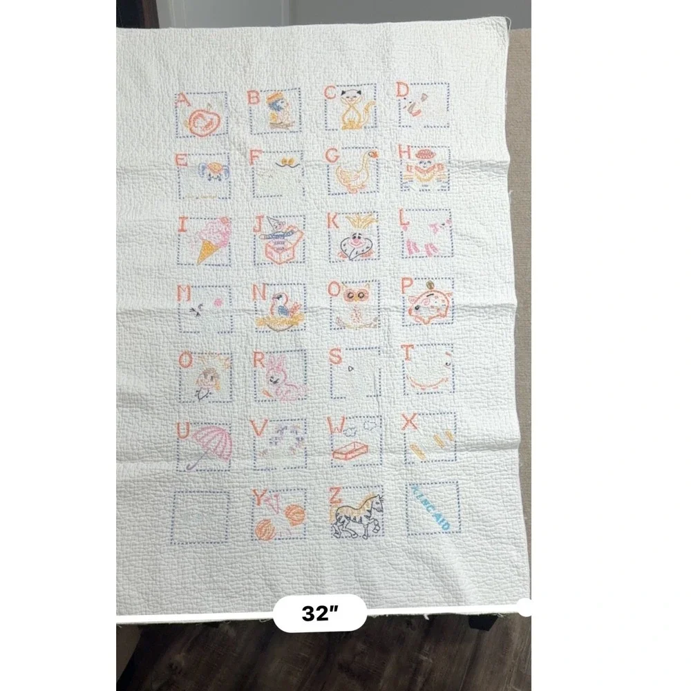 Vintage Kincaid Alphabet Baby Quilt Hand Embroidered Nursery Blanket White 32x48